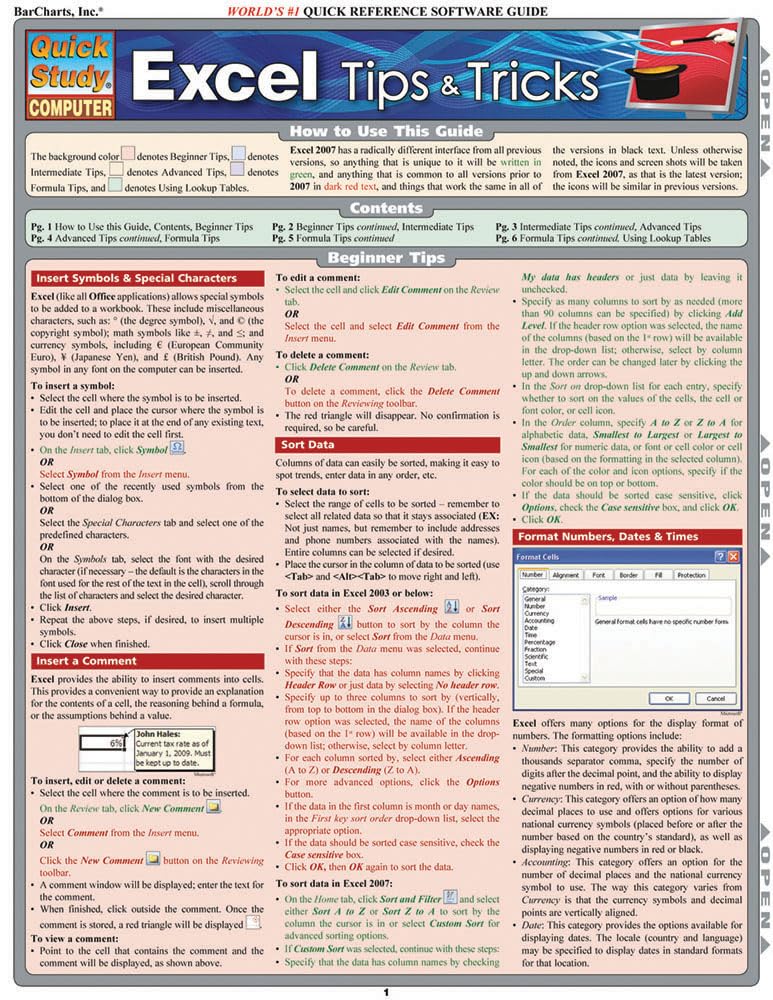 Excel Tips & Tricks QuickStudy Laminated Reference Guide